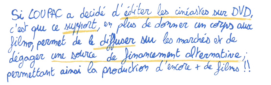 Si Loupac a decidé d'éditer les cinéastes sur DVD c'est que ce support, en plus de donnner un corps aux films, permet de le diffuser sur les marchés et de dégager une source de financancement alternaive permettant ainsi la production d'encore plus de films!